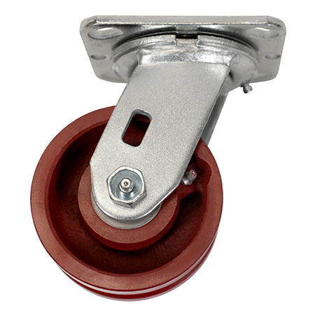 Side view of swivel caster with red wheel